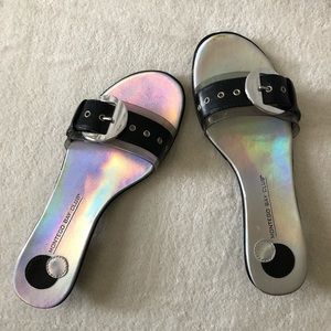 Kitten heel slides buckle clear & black strap
